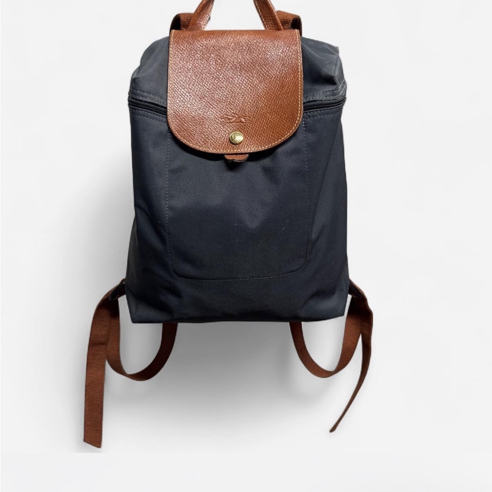 Longchamp Le Pliage Slate Grey Backpack with Brown Leather Flap and Straps